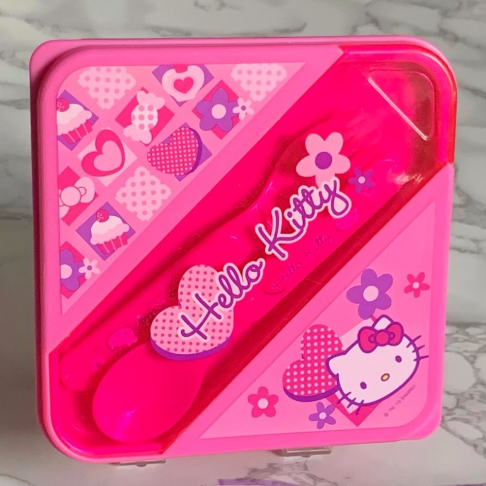 Hello Kitty Pink Lunch Box Container with Utensils Set  NWOT